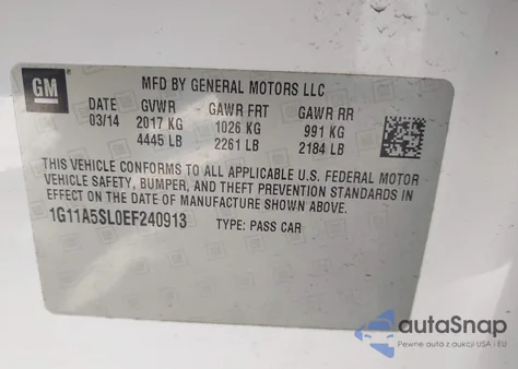 2014 Chevrolet Malibu 1Fl from USA, damaged, VIN 1G11A5SL0EF240913